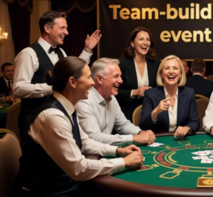 Zespół firmy bawiący się przy stołach casino podczas mobilnego eventu integracyjnego